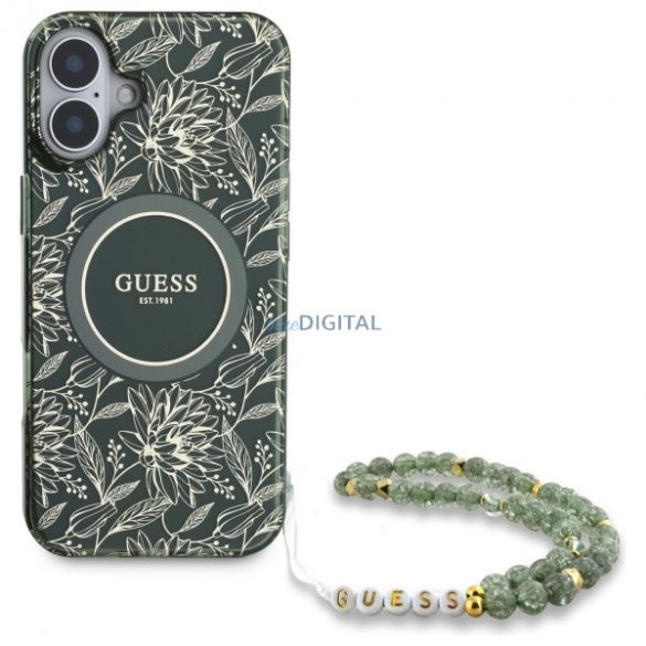 Guess GUHMP16SHCPOFPA IML Flowers Allover Electro With Pearl Strap Carcasă tare MagSafe pentru iPhone 16 - verde