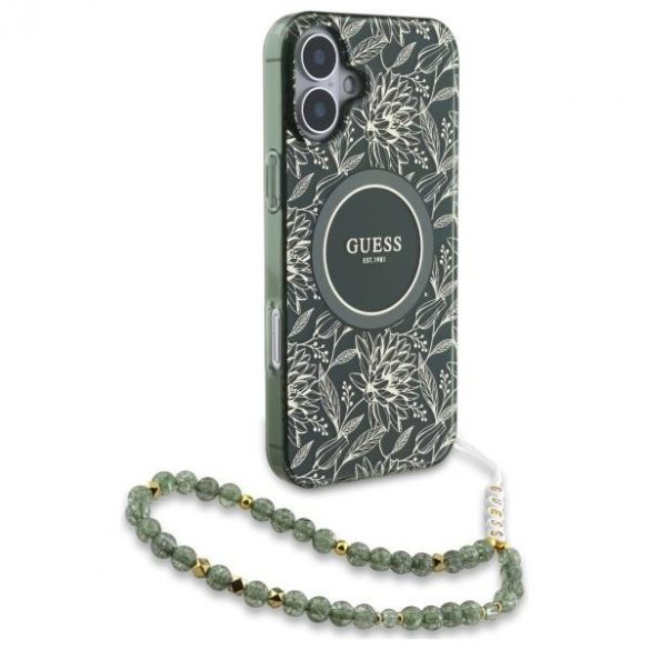 Guess GUHMP16SHCPOFPA IML Flowers Allover Electro With Pearl Strap Carcasă tare MagSafe pentru iPhone 16 - verde