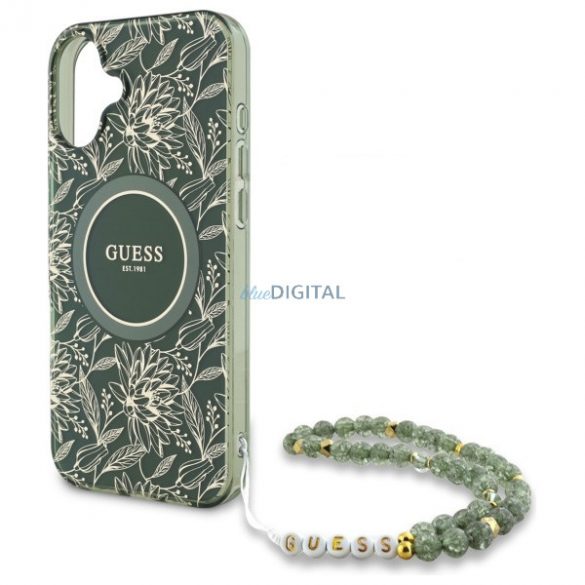 Guess GUHMP16SHCPOFPA IML Flowers Allover Electro With Pearl Strap Carcasă tare MagSafe pentru iPhone 16 - verde