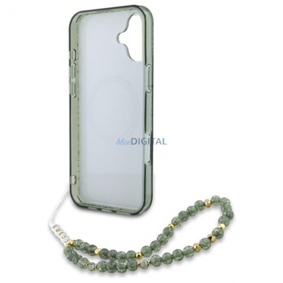 Guess GUHMP16SHCPOFPA IML Flowers Allover Electro With Pearl Strap Carcasă tare MagSafe pentru iPhone 16 - verde