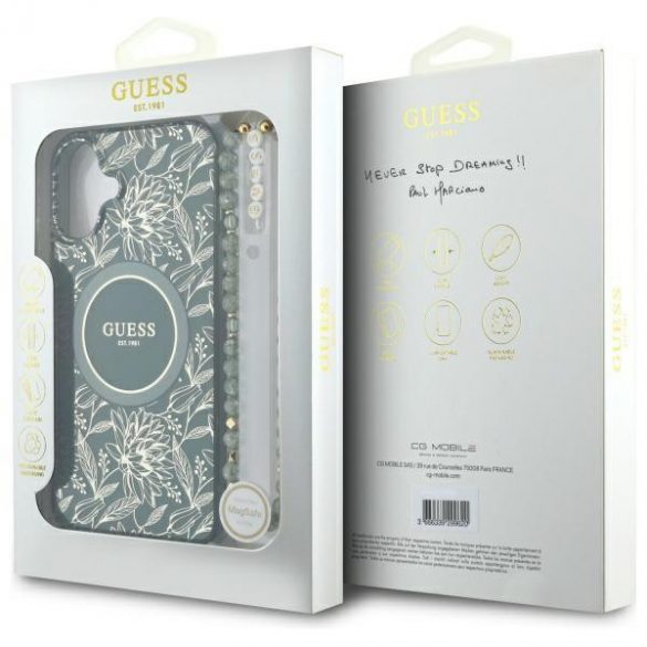 Guess GUHMP16SHCPOFPA IML Flowers Allover Electro With Pearl Strap Carcasă tare MagSafe pentru iPhone 16 - verde