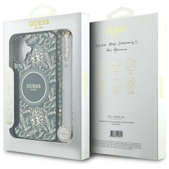 Guess GUHMP16MHCPCPOFPA IML Flowers Allover Electro With Pearl Strap Carcase tari MagSafe pentru iPhone 16 Plus - verde