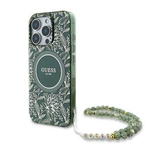 Guess GUHMP16LHCPOFPA IML Flowers Allover Electro With Pearl Strap Carcase rigide MagSafe pentru iPhone 16 Pro - verde