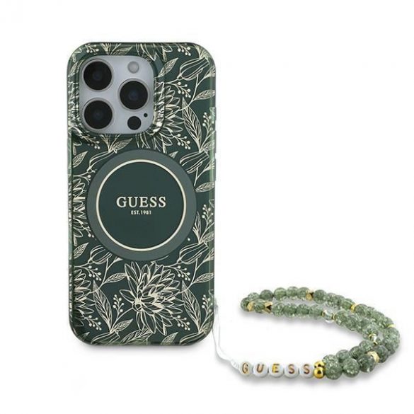 Guess GUHMP16LHCPOFPA IML Flowers Allover Electro With Pearl Strap Carcase rigide MagSafe pentru iPhone 16 Pro - verde