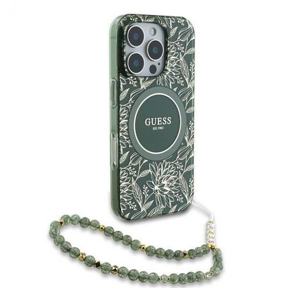 Guess GUHMP16LHCPOFPA IML Flowers Allover Electro With Pearl Strap Carcase rigide MagSafe pentru iPhone 16 Pro - verde