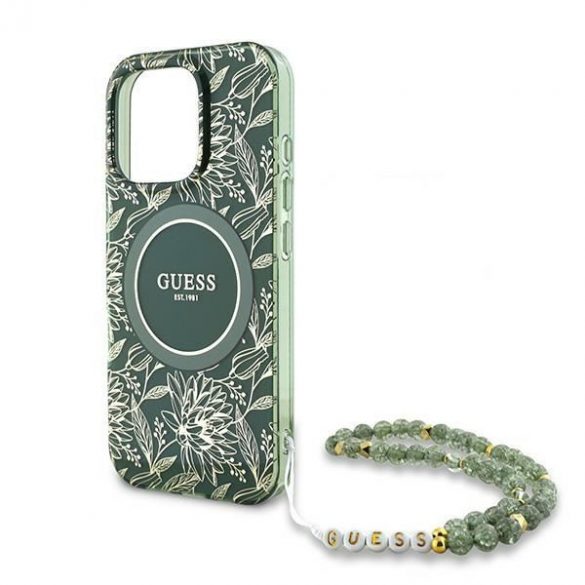 Guess GUHMP16LHCPOFPA IML Flowers Allover Electro With Pearl Strap Carcase rigide MagSafe pentru iPhone 16 Pro - verde