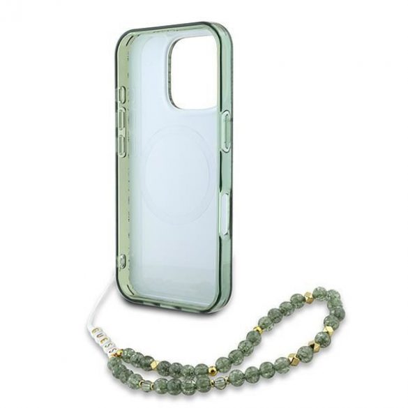 Guess GUHMP16LHCPOFPA IML Flowers Allover Electro With Pearl Strap Carcase rigide MagSafe pentru iPhone 16 Pro - verde