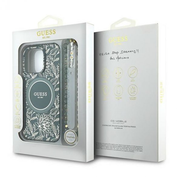 Guess GUHMP16LHCPOFPA IML Flowers Allover Electro With Pearl Strap Carcase rigide MagSafe pentru iPhone 16 Pro - verde