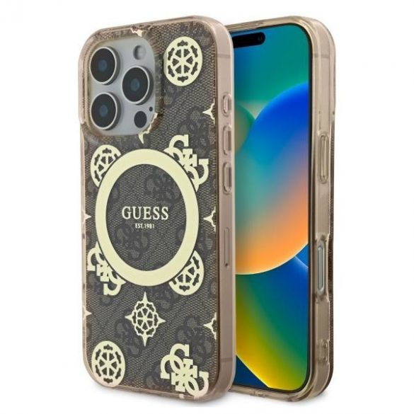 Guess GUHMP16XH4PYEEW IML Peony On 4G Background Carcasă tare compatibilă MagSafe pentru iPhone 16 Pro Max - maro