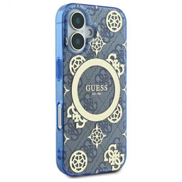 Guess GUHMP16SH4PYEEB IML Peony On 4G Background Carcasă tare MagSafe pentru iPhone 16 - albastru