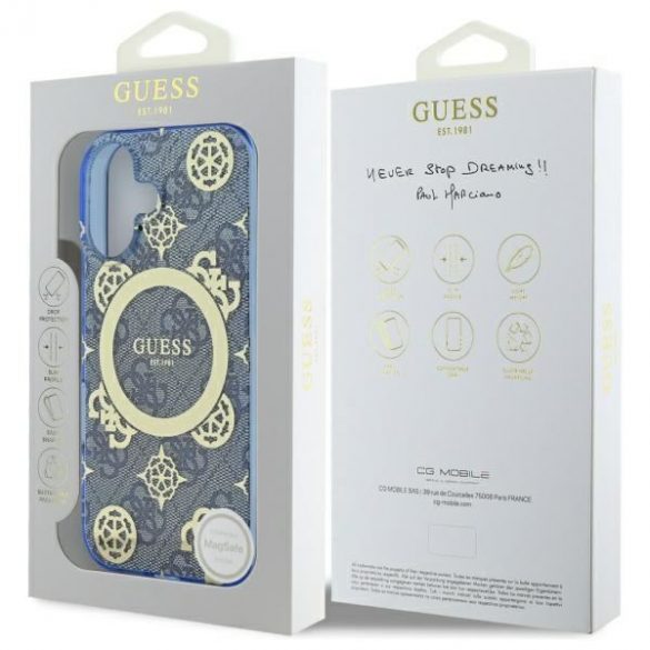 Guess GUHMP16SH4PYEEB IML Peony On 4G Background Carcasă tare MagSafe pentru iPhone 16 - albastru