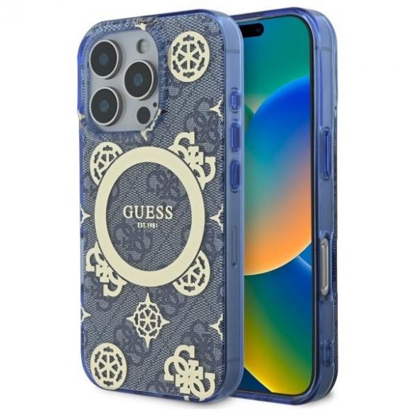 Guess GUHMP16XH4PYEEB IML Peony On 4G Background Carcasă tare compatibilă MagSafe pentru iPhone 16 Pro Max - Albastru