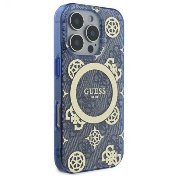 Guess GUHMP16XH4PYEEB IML Peony On 4G Background Carcasă tare compatibilă MagSafe pentru iPhone 16 Pro Max - Albastru