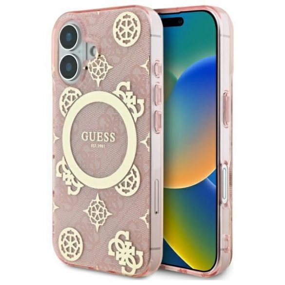 Guess GUHMP16SH4PYEEP IML Peony On 4G Background Carcasă tare MagSafe pentru iPhone 16 - roz