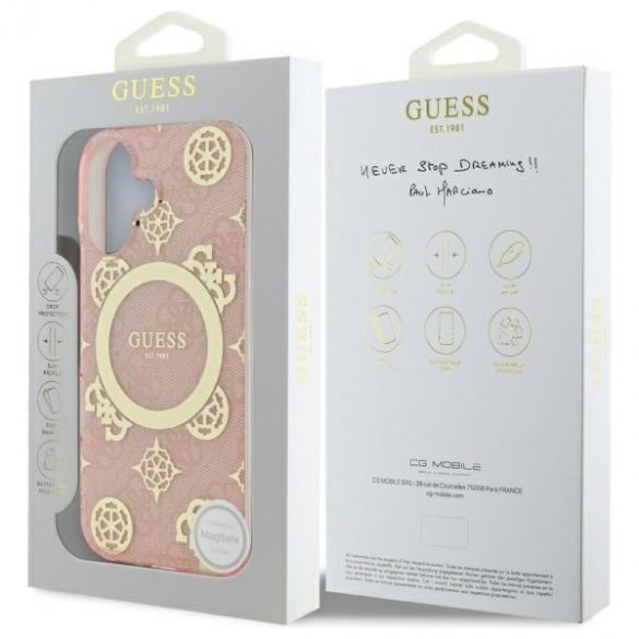 Guess GUHMP16SH4PYEEP IML Peony On 4G Background Carcasă tare MagSafe pentru iPhone 16 - roz