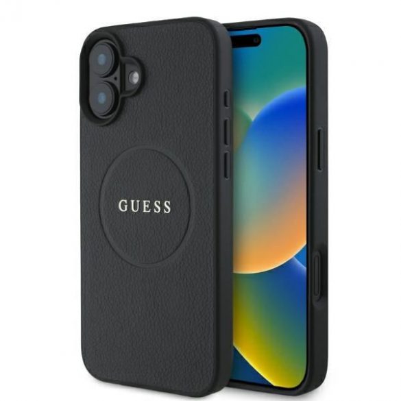 Guess GUHMP16SPGHSMMK Carcasă tare MagSafe cu inel din aur granulat pentru iPhone 16 - negru