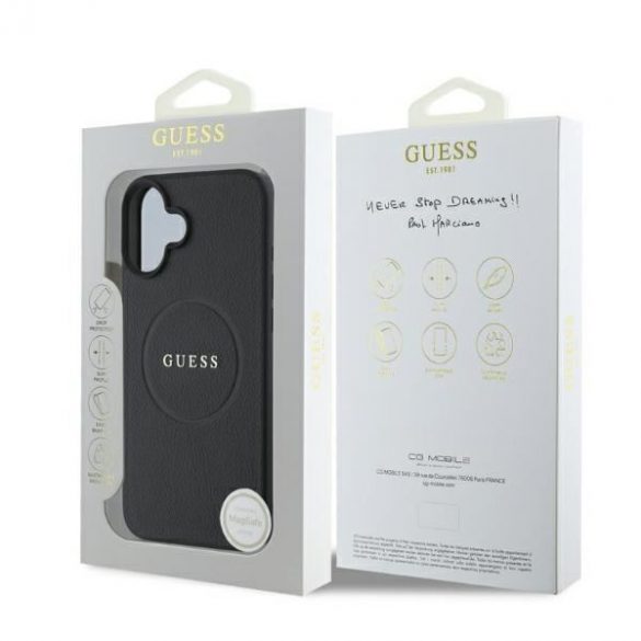 Guess GUHMP16SPGHSMMK Carcasă tare MagSafe cu inel din aur granulat pentru iPhone 16 - negru