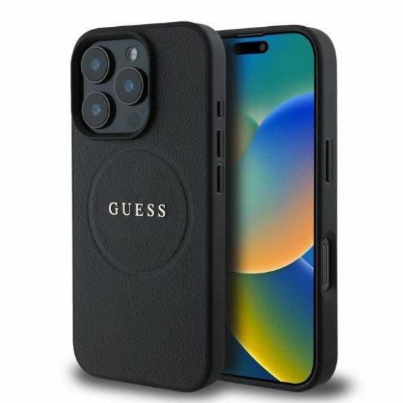 Guess GUHMP16LPGHSMMK iPhone 16 Pro inel din aur cu granulație din PU MagSafe, negru/czarny