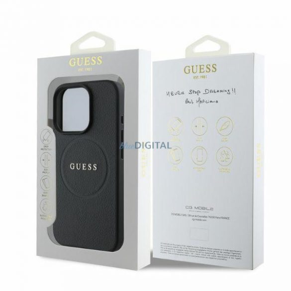 Guess GUHMP16LPGHSMMK iPhone 16 Pro inel din aur cu granulație din PU MagSafe, negru/czarny