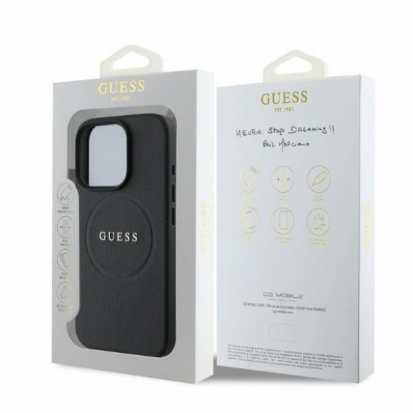 Guess GUHMP16LPGHSMMK iPhone 16 Pro inel din aur cu granulație din PU MagSafe, negru/czarny