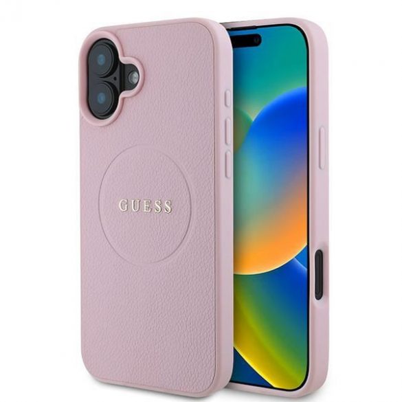 Guess GUHMP16MPGHSMMP Carcase rigide MagSafe cu inel din aur granulat pentru iPhone 16 Plus - roz