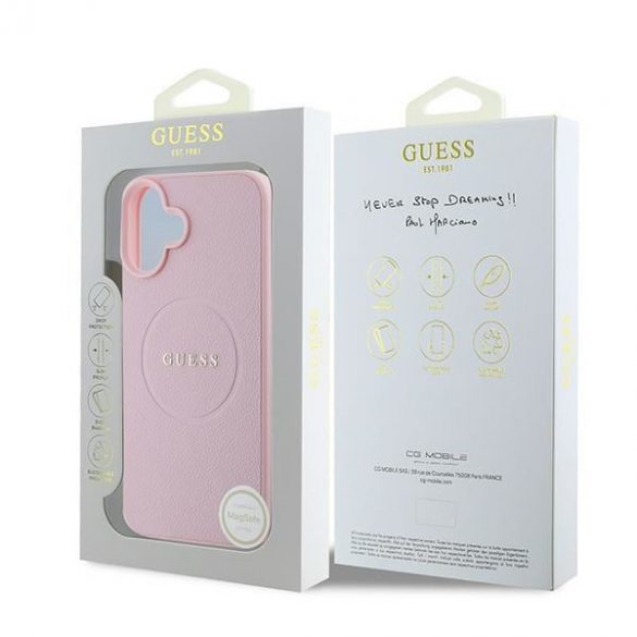 Guess GUHMP16MPGHSMMP Carcase rigide MagSafe cu inel din aur granulat pentru iPhone 16 Plus - roz