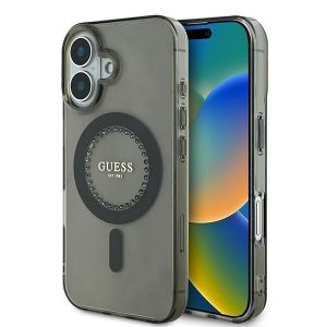 Guess GUHMP16SPFTDTEK IML Rhinestones MagSafe carcasă tare pentru iPhone 16 - negru