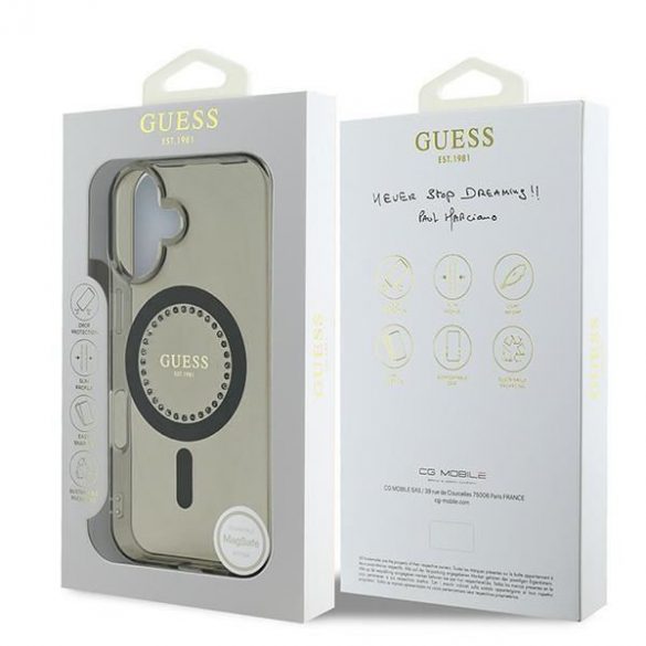 Guess GUHMP16SPFTDTEK IML Rhinestones MagSafe carcasă tare pentru iPhone 16 - negru