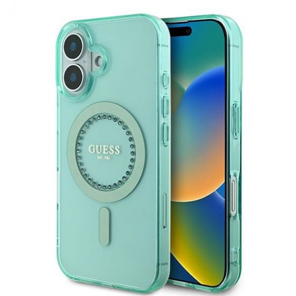 Guess GUHMP16SPFTDTEN IML Rhinestones MagSafe carcasă tare pentru iPhone 16 - verde