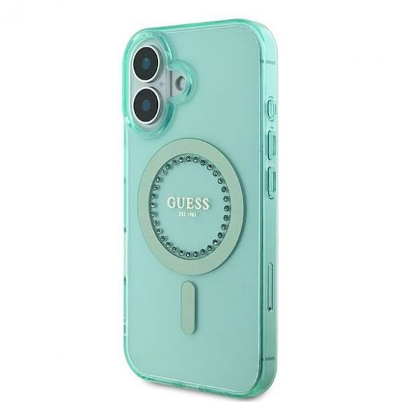 Guess GUHMP16SPFTDTEN IML Rhinestones MagSafe carcasă tare pentru iPhone 16 - verde