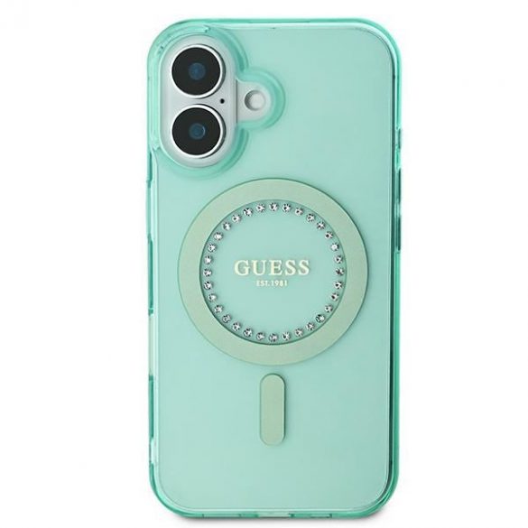 Guess GUHMP16SPFTDTEN IML Rhinestones MagSafe carcasă tare pentru iPhone 16 - verde