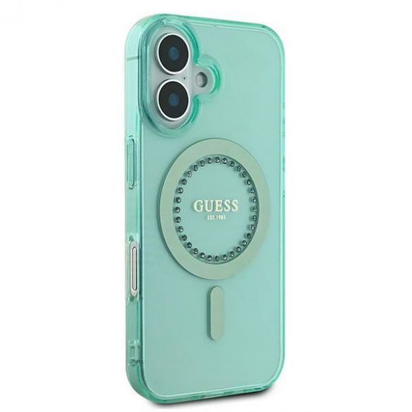 Guess GUHMP16SPFTDTEN IML Rhinestones MagSafe carcasă tare pentru iPhone 16 - verde