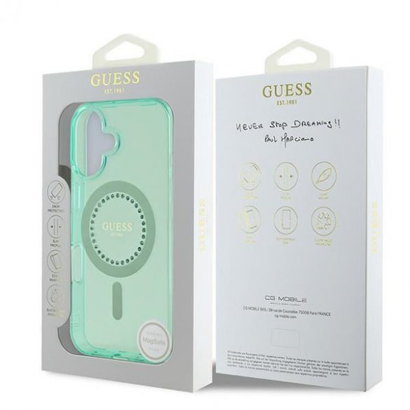 Guess GUHMP16SPFTDTEN IML Rhinestones MagSafe carcasă tare pentru iPhone 16 - verde