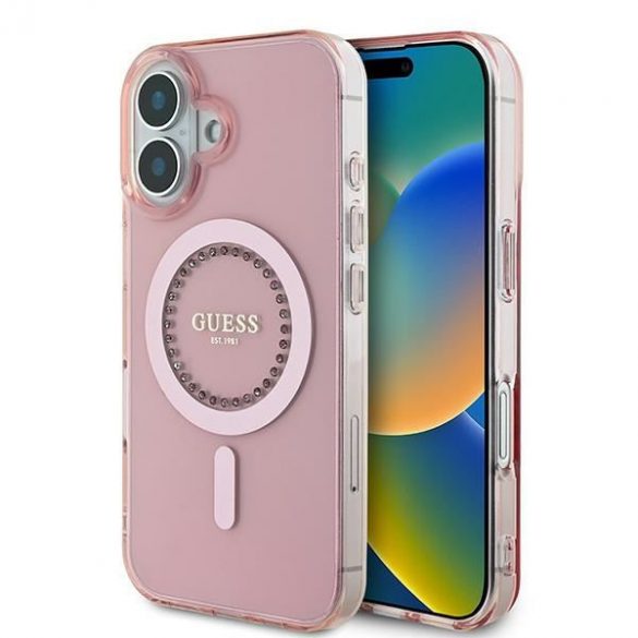 Guess GUHMP16SPFTDTEP IML Rhinestones MagSafe carcasă tare pentru iPhone 16 - roz