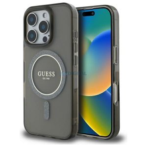 Guess GUHMP16LHFGEREK IML Glitter Circle Carcasă tare compatibilă cu MagSafe pentru iPhone 16 Pro - negru