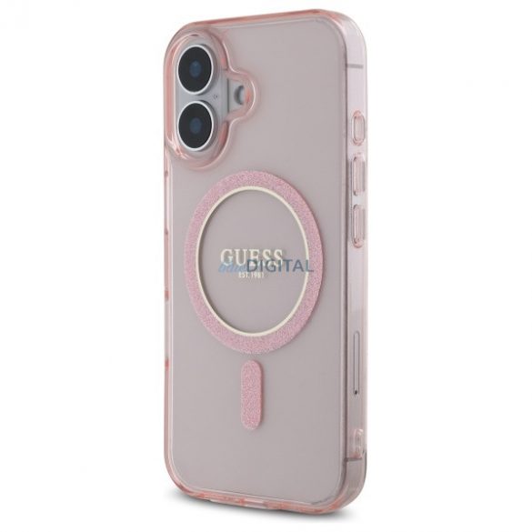 Guess GUHMP16SHFGEREP IML Glitter Circle Carcasă tare compatibilă MagSafe pentru iPhone 16 - roz