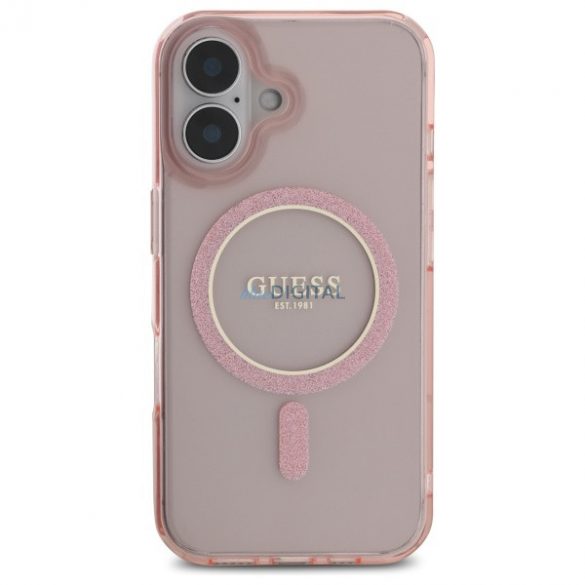 Guess GUHMP16SHFGEREP IML Glitter Circle Carcasă tare compatibilă MagSafe pentru iPhone 16 - roz