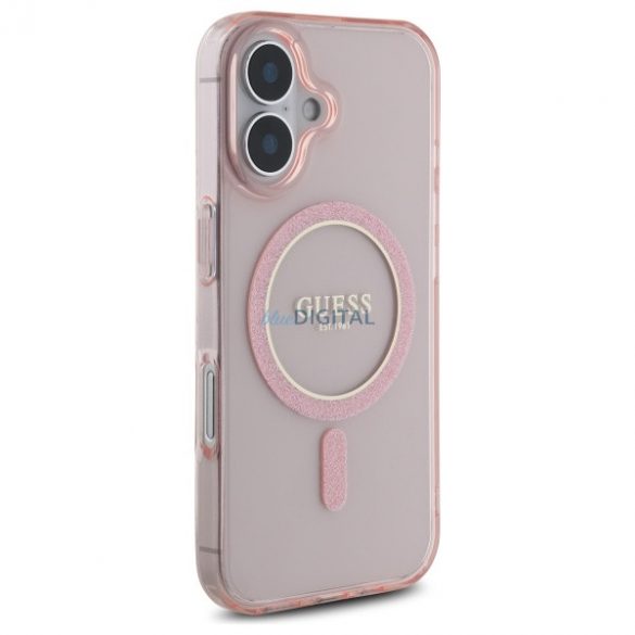 Guess GUHMP16SHFGEREP IML Glitter Circle Carcasă tare compatibilă MagSafe pentru iPhone 16 - roz