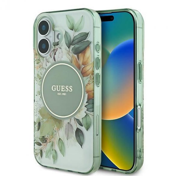 Guess GUHMP16SHFWBDCEN IML Flower & Tonal Circle MagSafe carcasă tare pentru iPhone 16 - verde