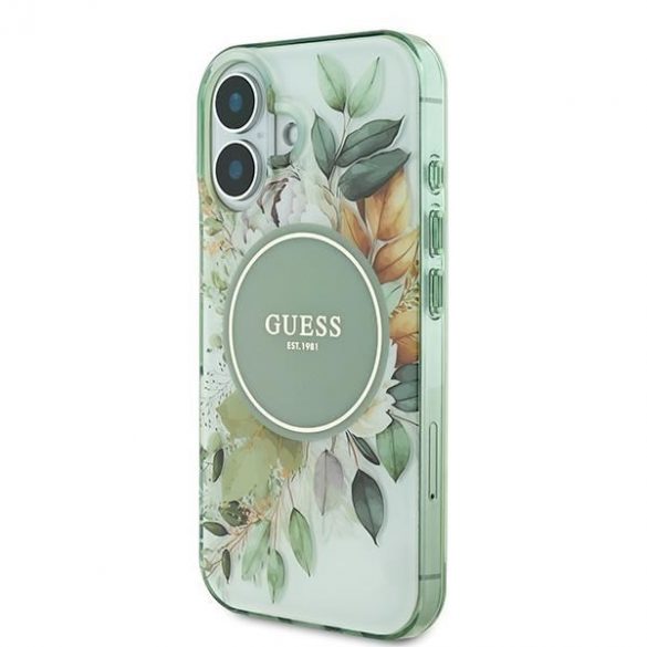 Guess GUHMP16SHFWBDCEN IML Flower & Tonal Circle MagSafe carcasă tare pentru iPhone 16 - verde