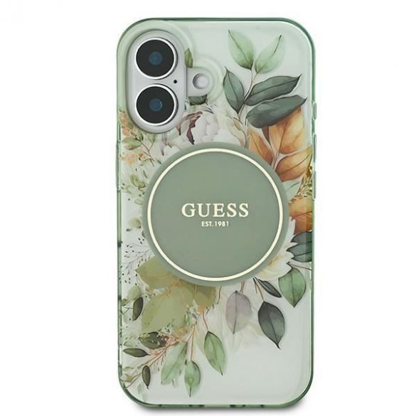 Guess GUHMP16SHFWBDCEN IML Flower & Tonal Circle MagSafe carcasă tare pentru iPhone 16 - verde