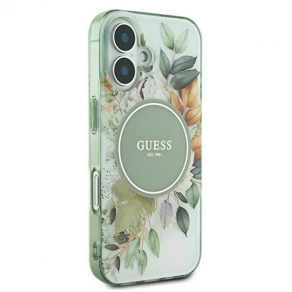 Guess GUHMP16SHFWBDCEN IML Flower & Tonal Circle MagSafe carcasă tare pentru iPhone 16 - verde