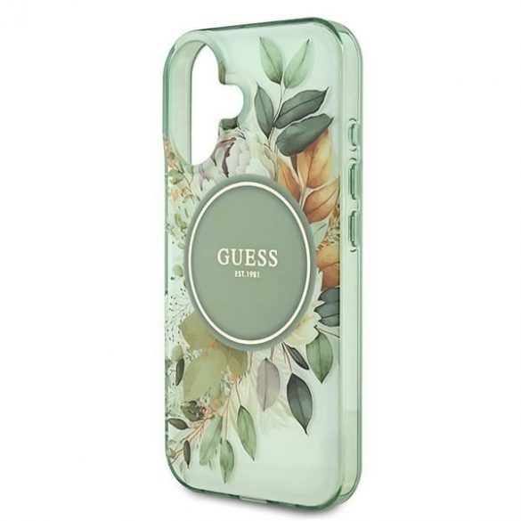 Guess GUHMP16SHFWBDCEN IML Flower & Tonal Circle MagSafe carcasă tare pentru iPhone 16 - verde