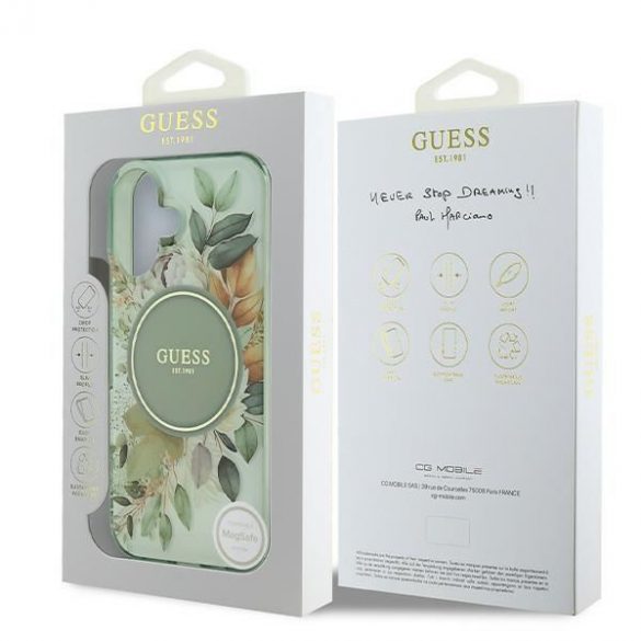 Guess GUHMP16SHFWBDCEN IML Flower & Tonal Circle MagSafe carcasă tare pentru iPhone 16 - verde