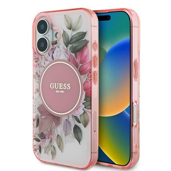 Guess GUHMP16SHFWBDCEP IML Flower & Tonal Circle MagSafe carcasă tare pentru iPhone 16 - roz