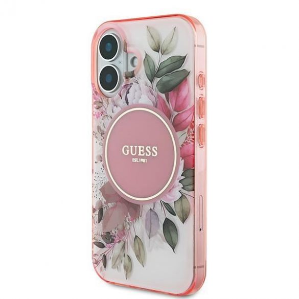 Guess GUHMP16SHFWBDCEP IML Flower & Tonal Circle MagSafe carcasă tare pentru iPhone 16 - roz