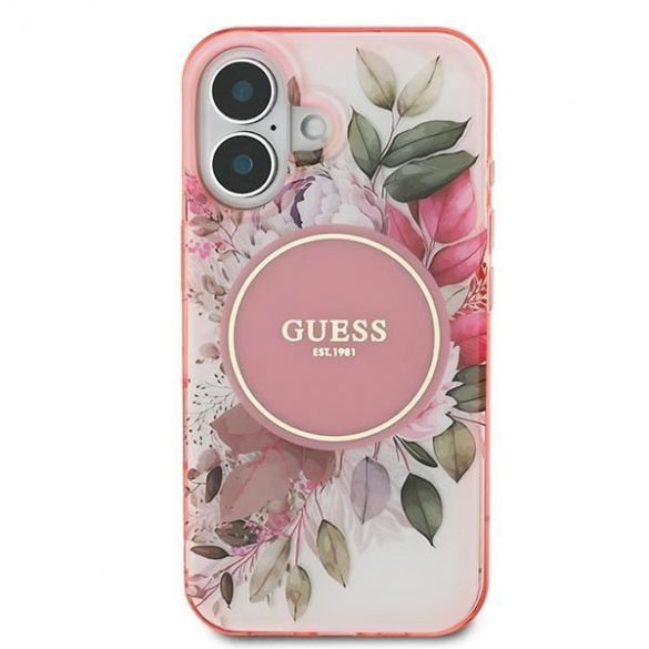 Guess GUHMP16SHFWBDCEP IML Flower & Tonal Circle MagSafe carcasă tare pentru iPhone 16 - roz