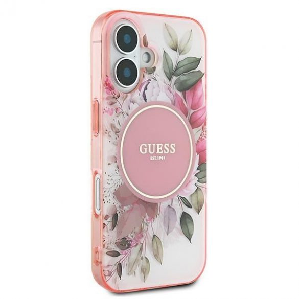 Guess GUHMP16SHFWBDCEP IML Flower & Tonal Circle MagSafe carcasă tare pentru iPhone 16 - roz