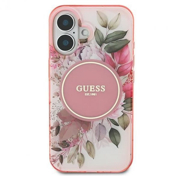 Guess GUHMP16MHFWBDCEP IML Flower & Tonal Circle Husă MagSafe pentru iPhone 16 Plus - roz