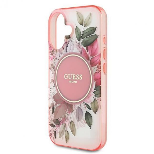 Guess GUHMP16MHFWBDCEP IML Flower & Tonal Circle Husă MagSafe pentru iPhone 16 Plus - roz